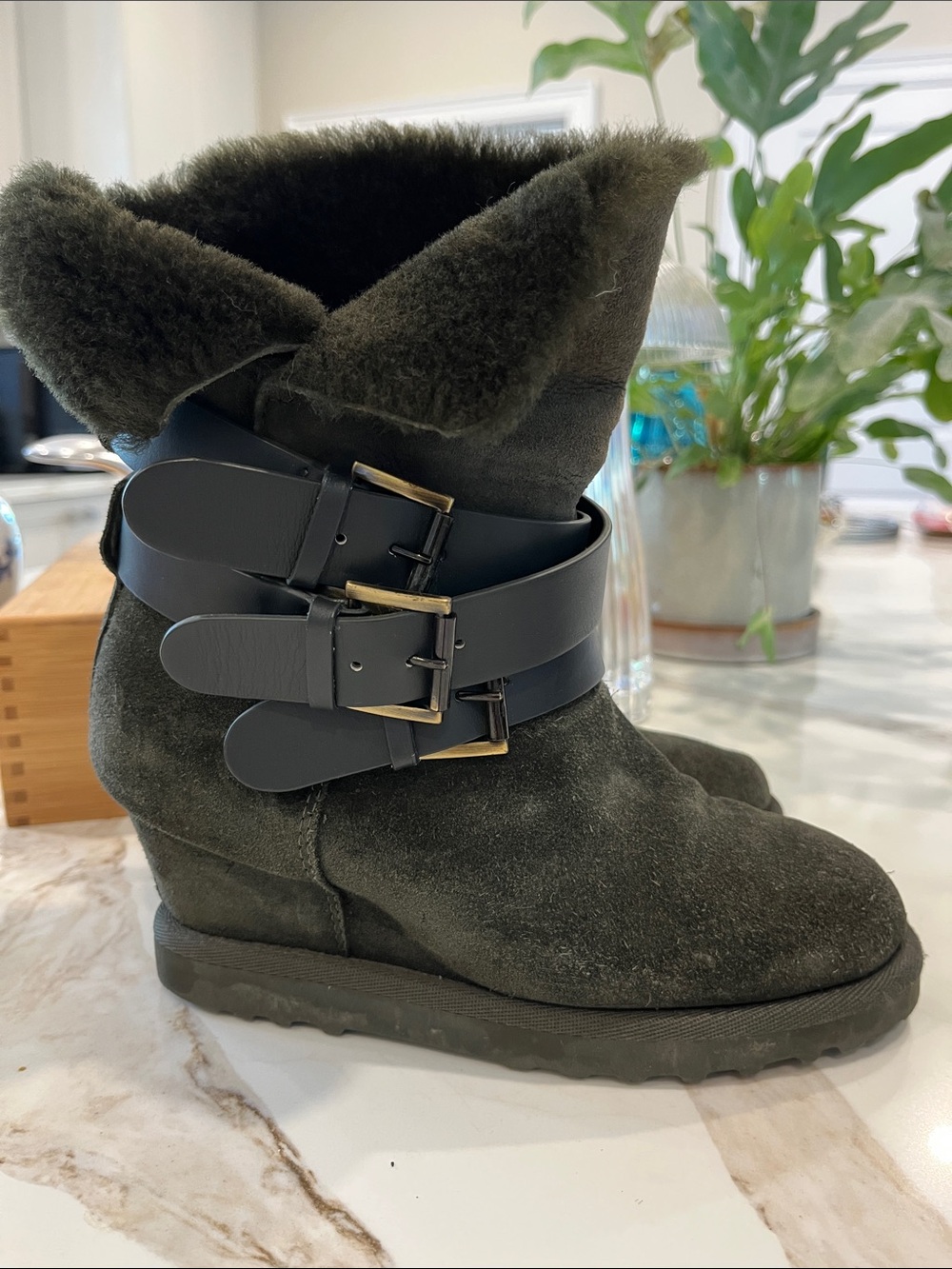 ASH Women's Olive Shearling  2.5” Wedge Ankle Boots with Buckle Straps